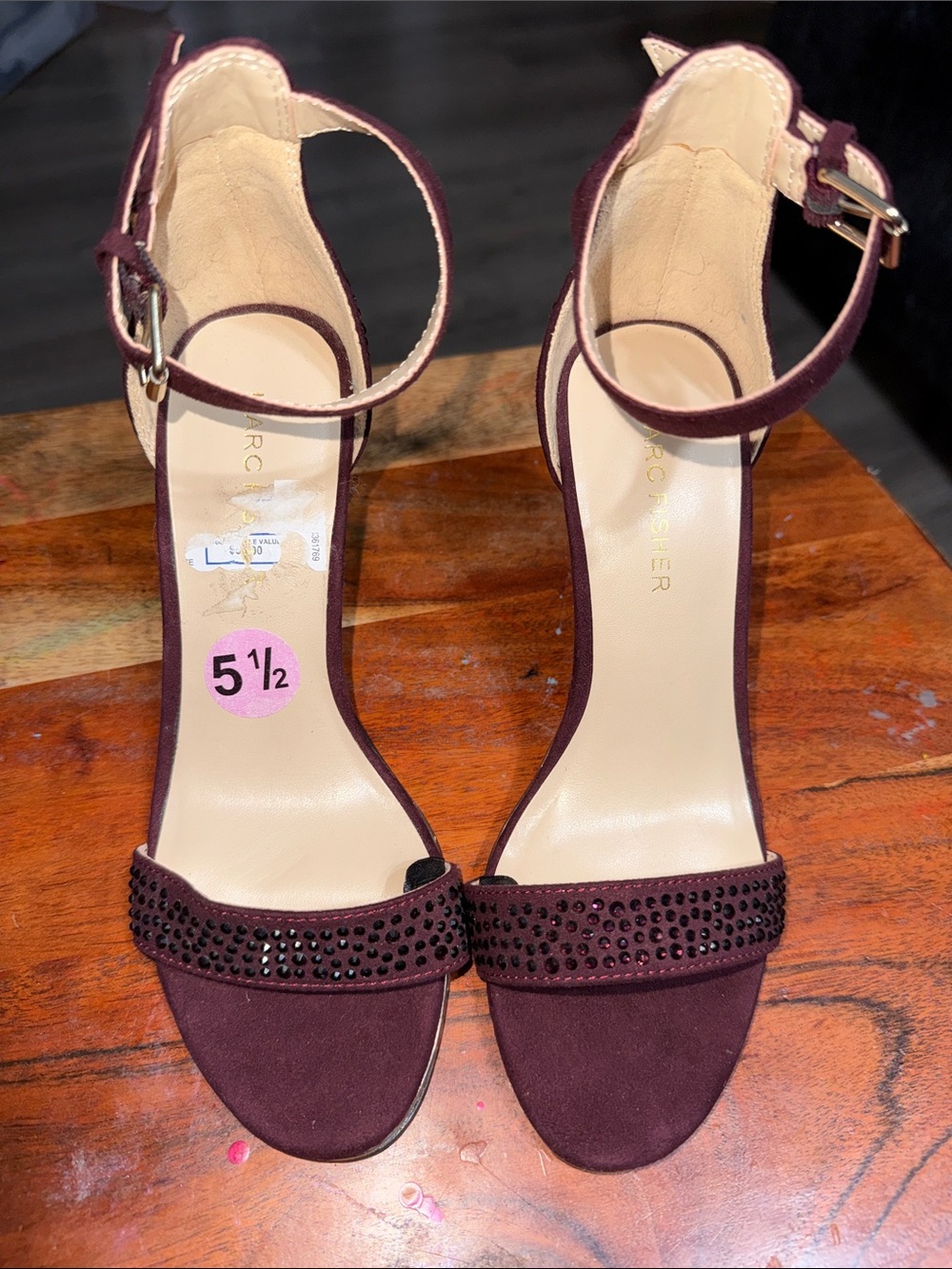 Marc Fisher Wine/Burgundy Suede Ankle-Strap Heels with Crystal Toe Band